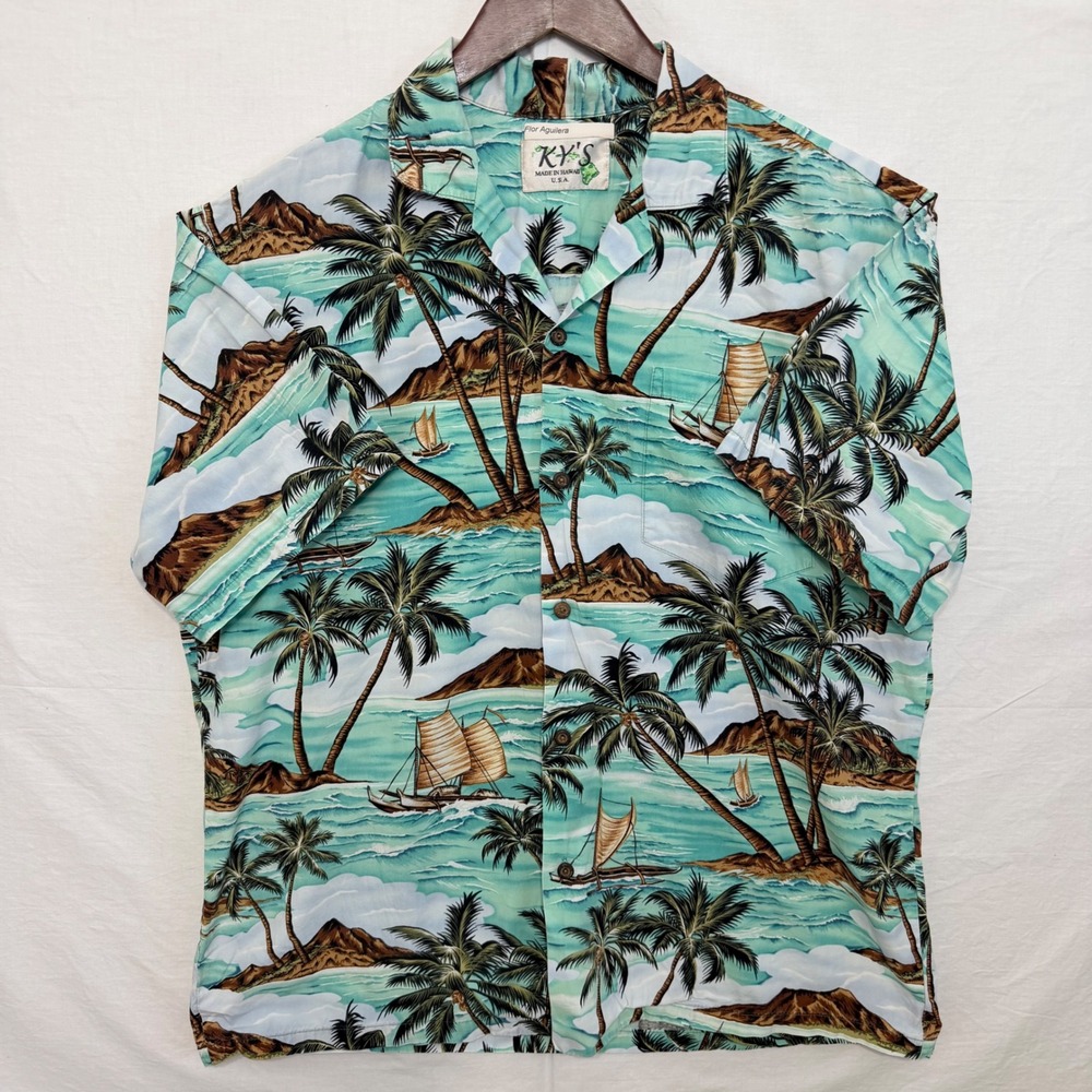 KY's Made in Hawaii Aloha Shirt Palm Sailboat Diamond Head Mens